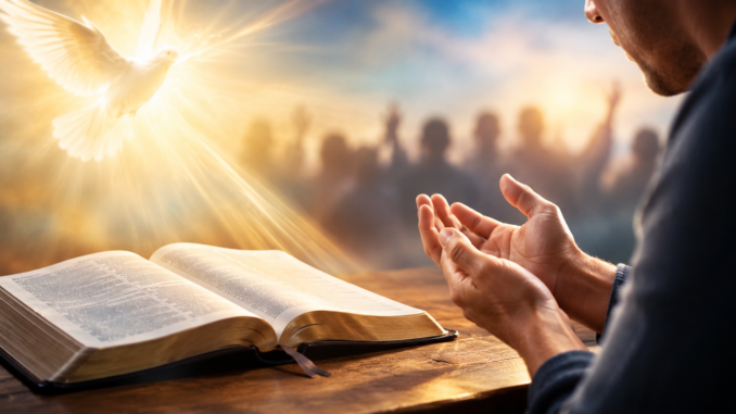 Biblia abierta en 1 Corintios 14 junto a una reflexión sobre el hablar en lenguas y los dones espirituales en la vida cristiana.